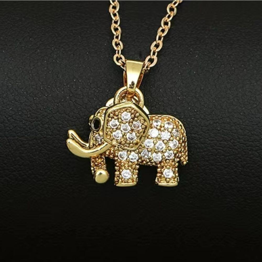 Stainless Steel Elephant Pendant Necklace in Gold Tones and embedded Zirconia